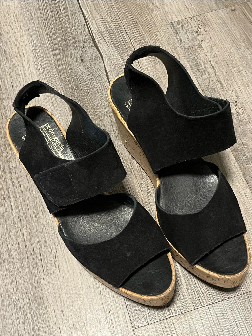 Pedro Garcia Black Suede Cork Wedge Sandals with Velcro Slingback